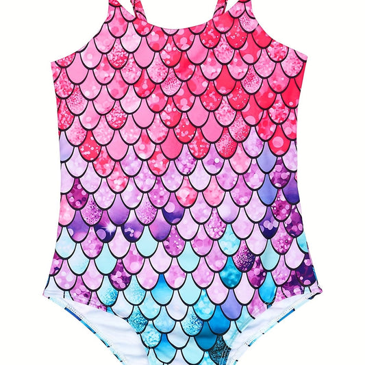 Girls Mermaid Fish Scale Sleeveless Onesie Swimsuit