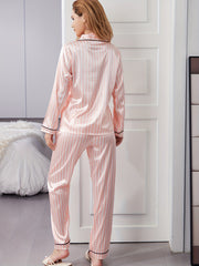 Striped Satin Pajama Set Long Sleeve Button Top & Pants Women's Sleepwear
