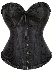 Floral Boned Corset Lace Up Back Satin Overbust Shapewear Body Shaper