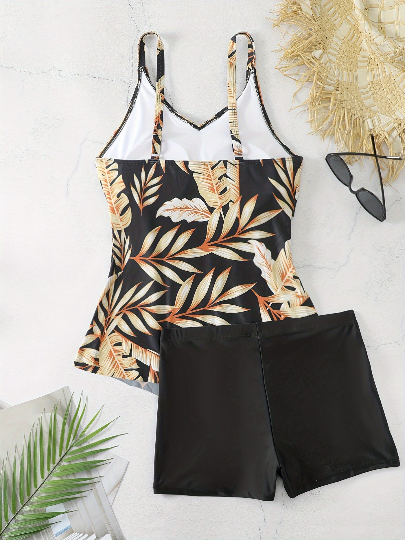 Tropical Print V Neck Ruffle Tankini Set