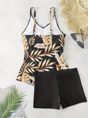 Tropical Print V Neck Ruffle Tankini Set