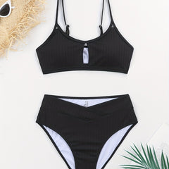 Solid V Neck Bikini Set High Cut Two Pieces Swimsuit