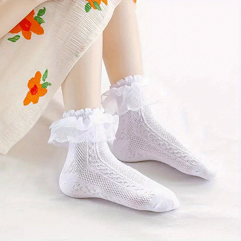 3 Pairs Girls Kids Lace Ruffled Princess Socks Breathable Comfy Children's Socks