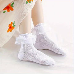 3 Pairs Girls Kids Lace Ruffled Princess Socks Breathable Comfy Children's Socks