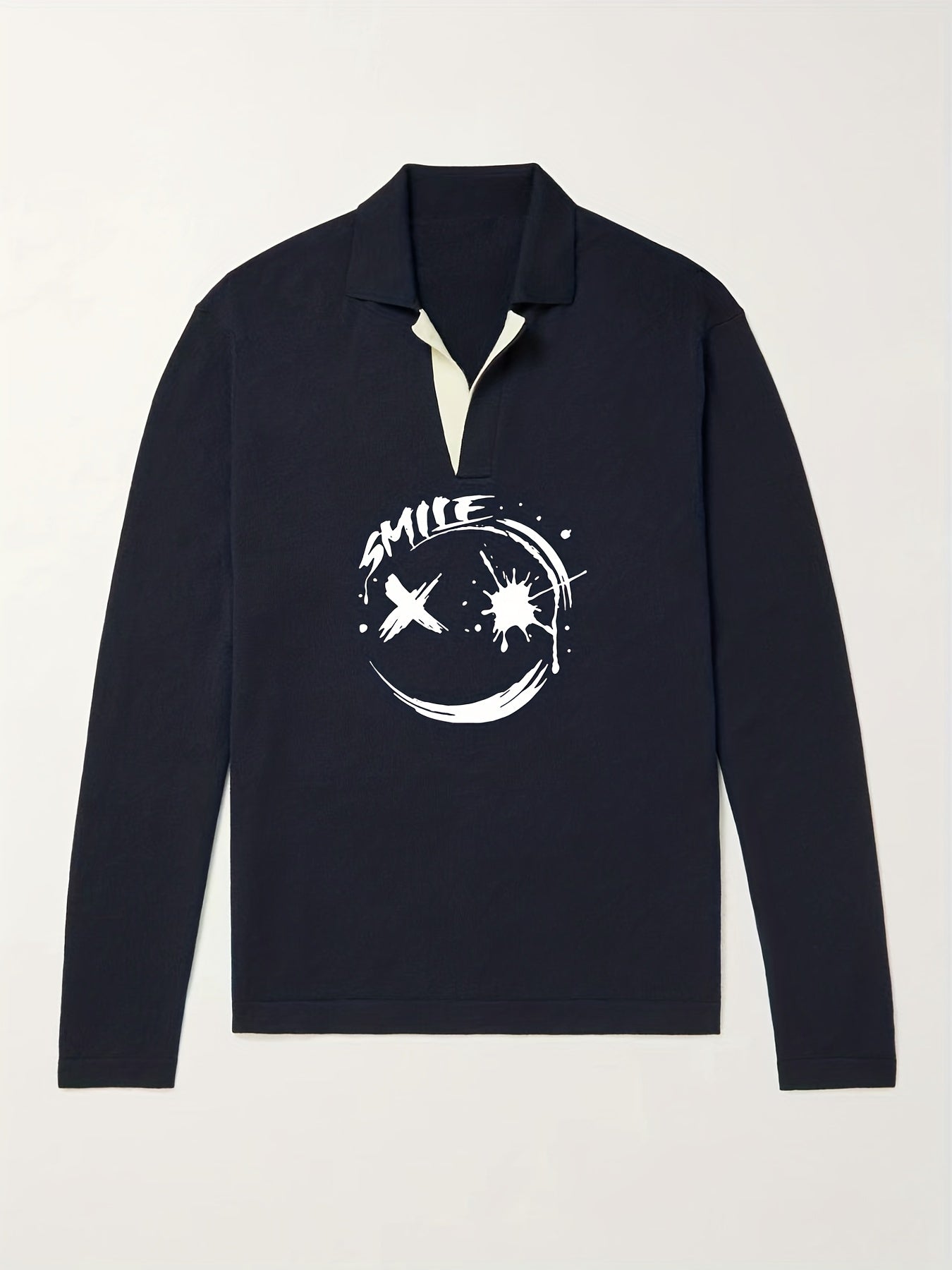 Smile Face Pattern Knit Polo Shirt Men's Casual Lapel Pullover Sweater