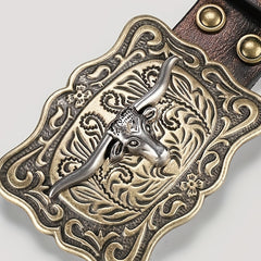 Cattle Long Horn Buckle Floral Pattern Belt Western Cowboy Leather Vintage Belt