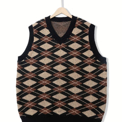 Vintage Style V Neck Diamond Pattern Sweater Vest for Men