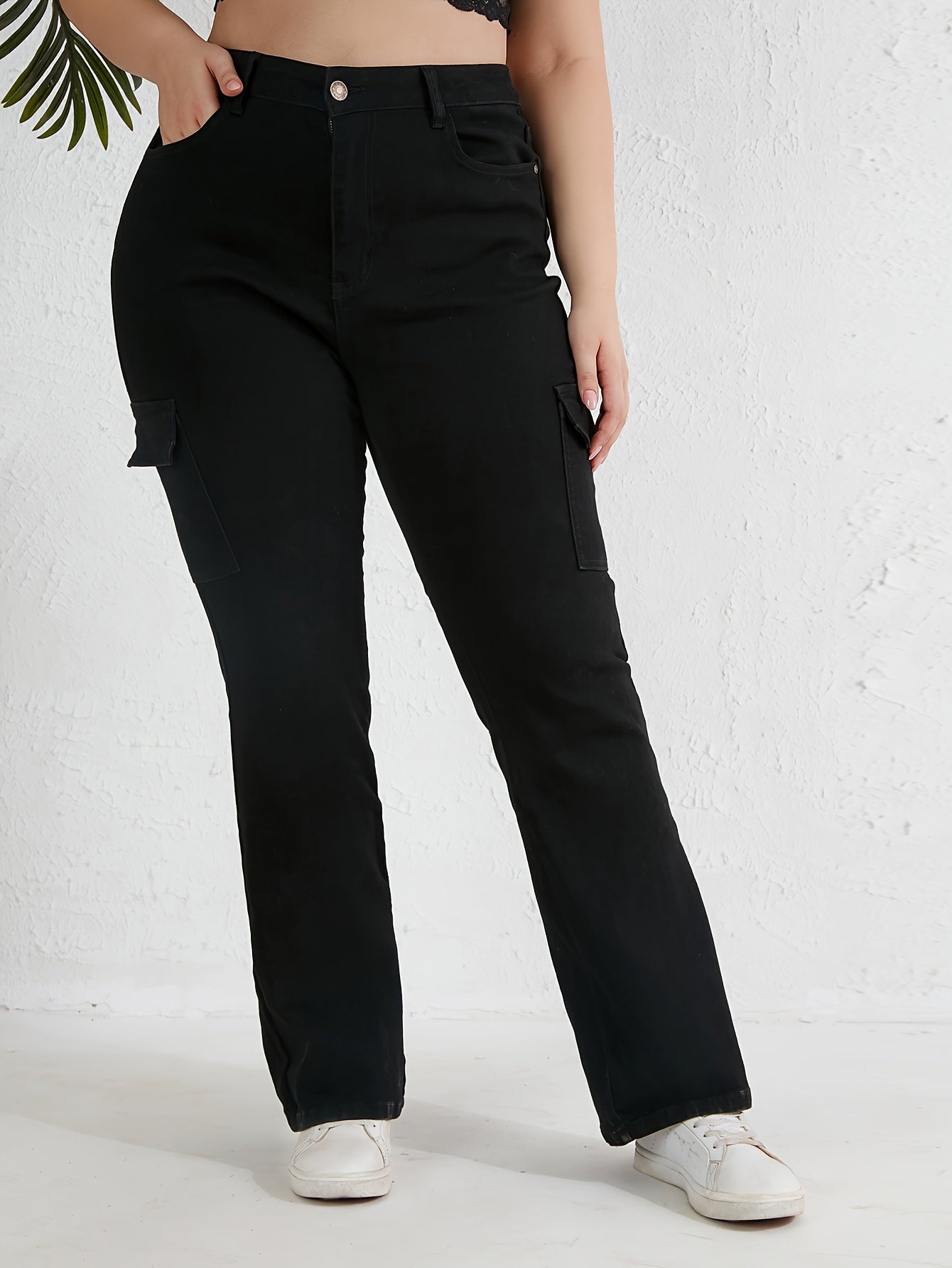 Casual Jeans Women's Plus Solid High Rise Cargo Jeans