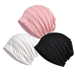 Women Thin Stripe Hollow Beanie Cap Sunscreen Headwrap Casual Hat