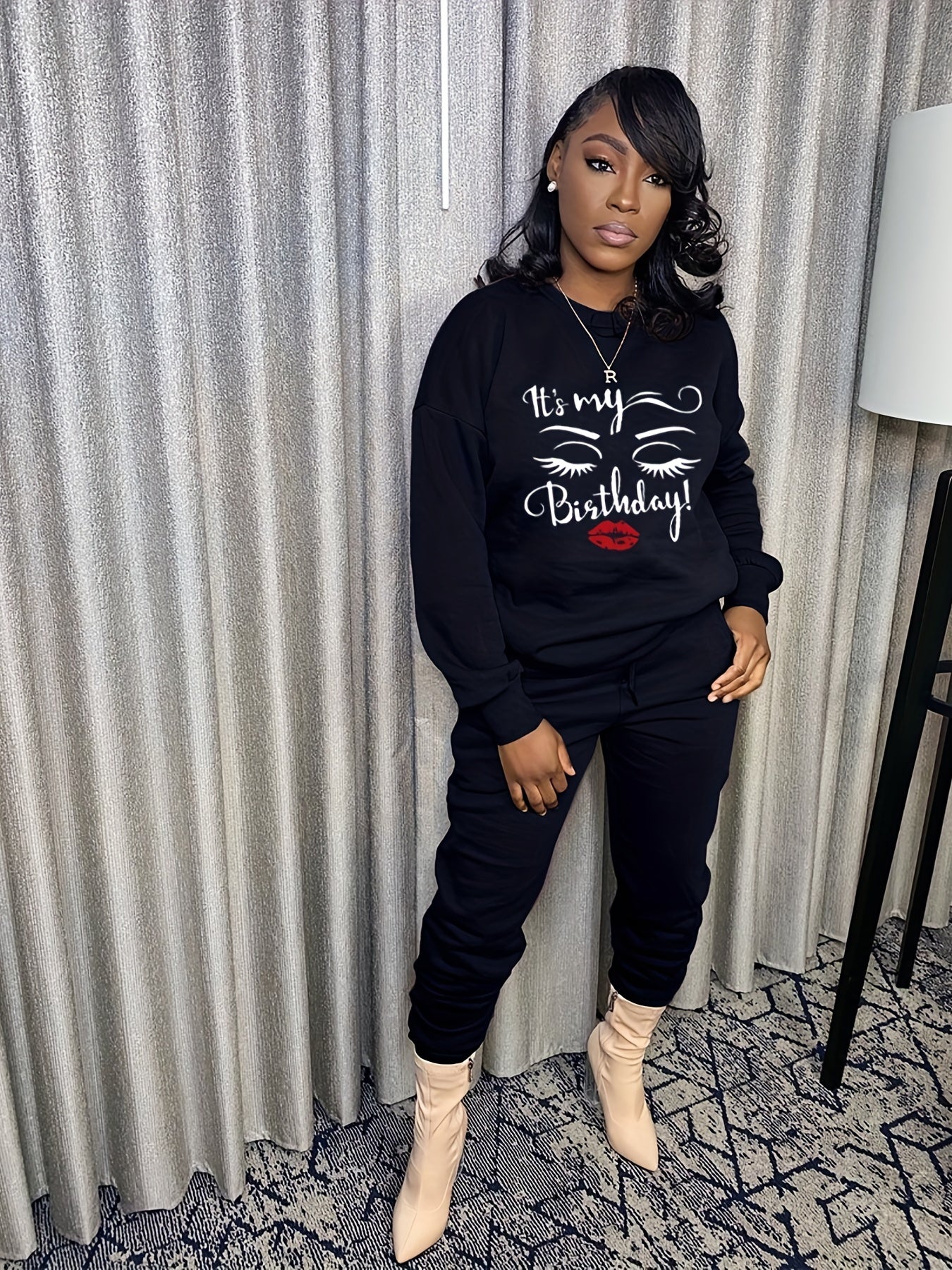 Casual Workout 2pc Set Lips & Letter Print Long Sleeve Tops & Jogger Pants