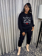 Casual Workout 2pc Set Lips & Letter Print Long Sleeve Tops & Jogger Pants