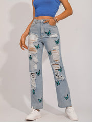 Y2K Butterfly Print Ripped Straight Jeans Vintage Distressed Denim Pants