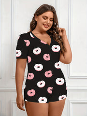 Donut Print Button Up V Neck Pajama Romper