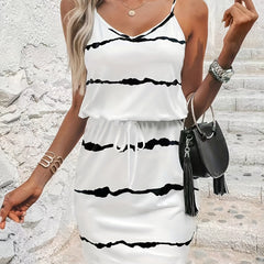 Striped Print Casual 2pc Set V Neck Lace Up Tops & Drawstring Skirts Outfits