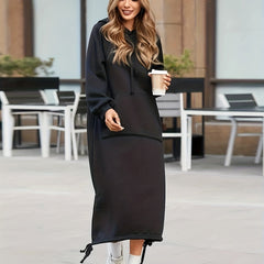 Solid Long Sleeve Hooded Sweatshirt Dress With Pockets