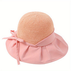 Bowknot Ponytail Sun Hat Wide Brim Breathable Bucket Hat Adjustable