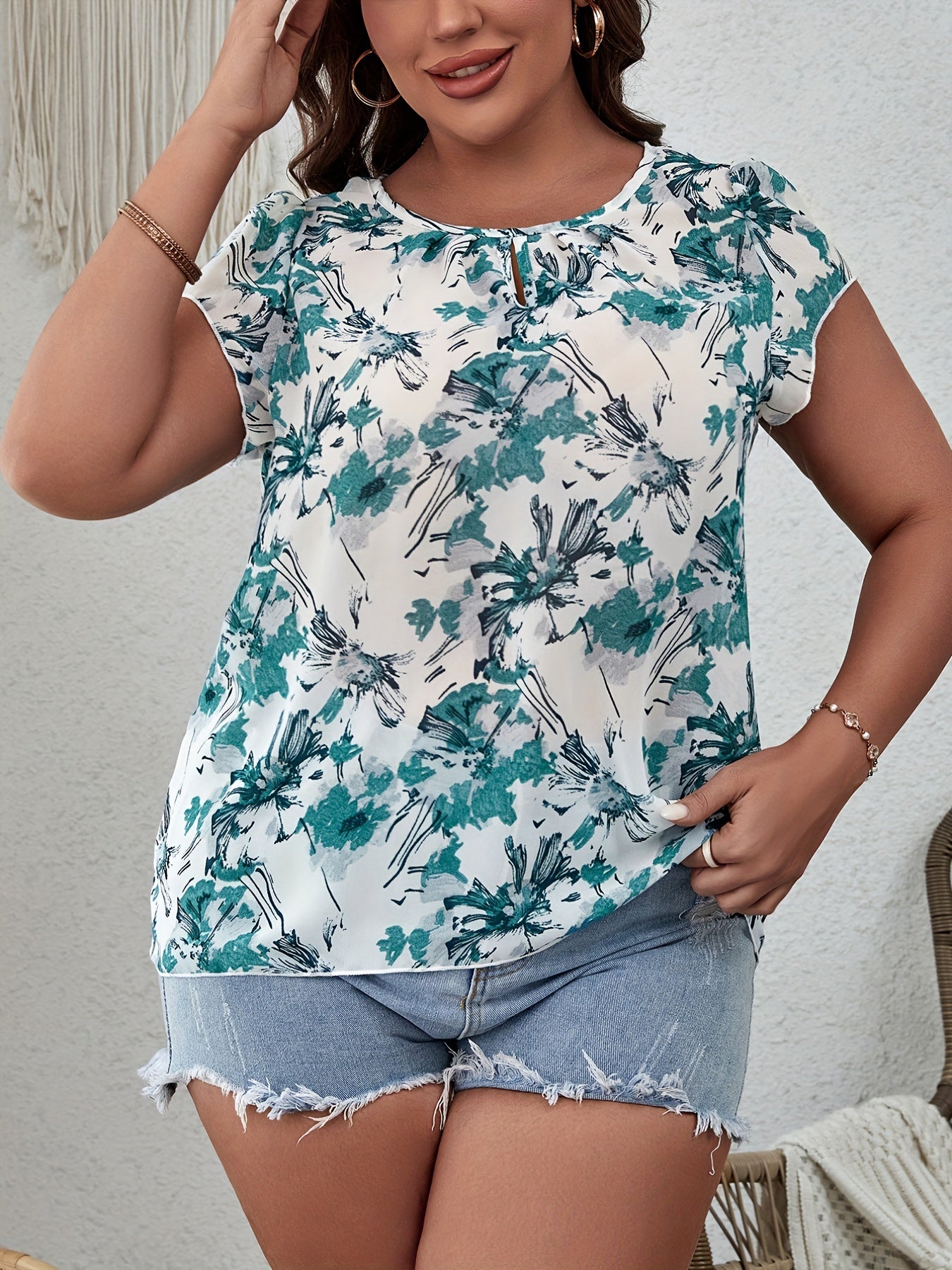 Casual Blouse Women's Plus Floral Print Short Sleeve Round Neck