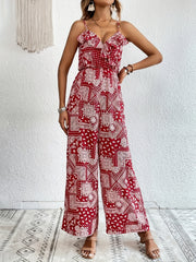Floral Print Wide Leg Ruffle Trim Jumpsuit Boho Sleeveless Jumpsuit