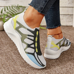 Women's Block Printed Knit Walking Shoes Elastic Slip on Sneakers