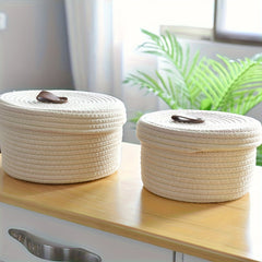 Circular Storage Basket With Lid Beige Cotton Thread Woven Basket
