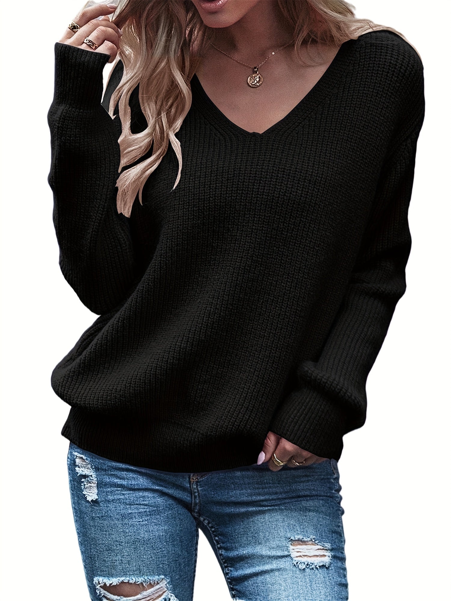 V Neck Long Sleeve Sweater Women's Clothing