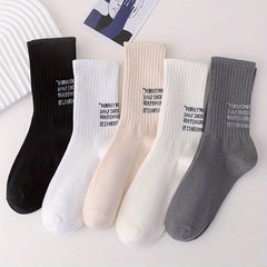 10 Pairs Letter Print Ribbed Socks, Comfy & Breathable Mid Tube Stockings