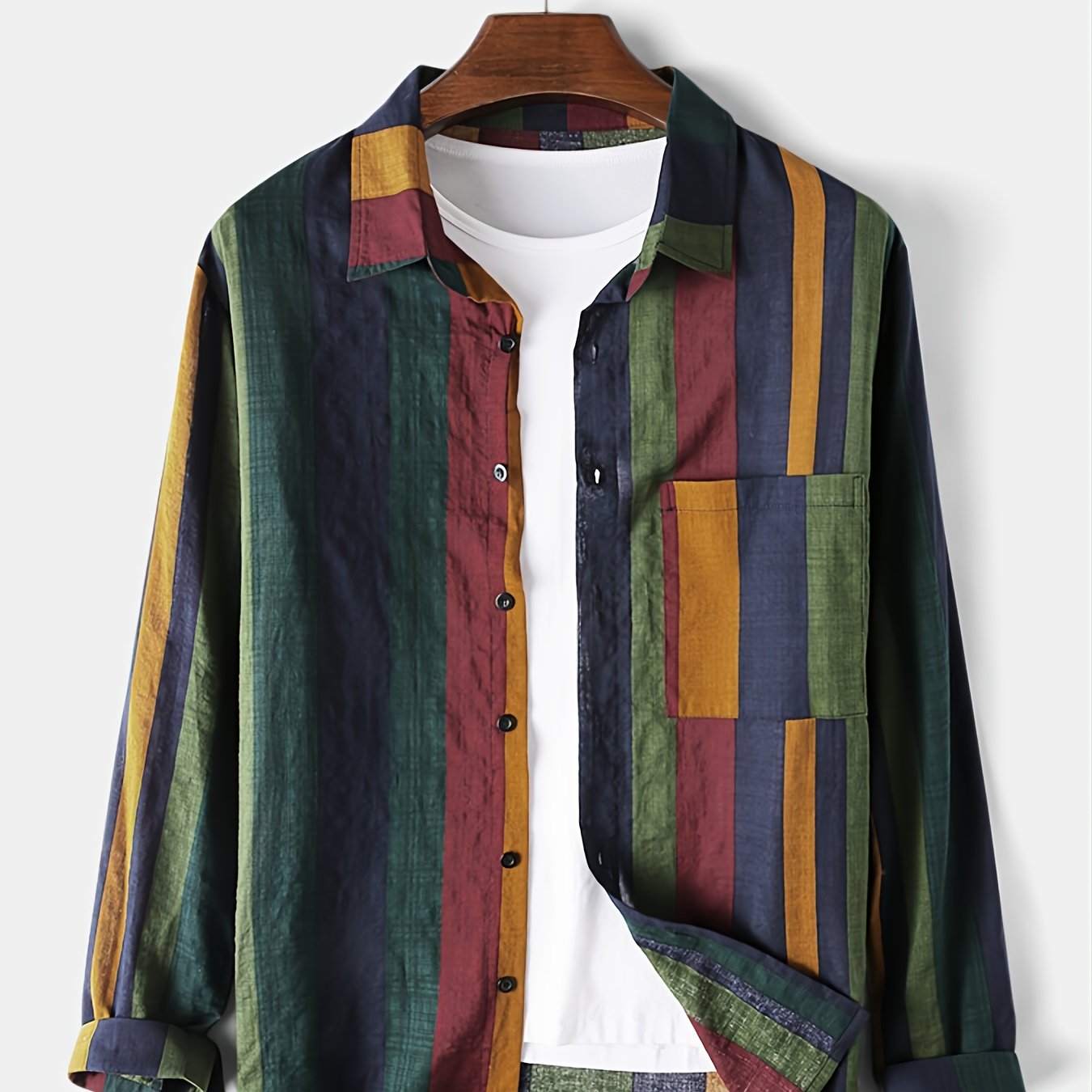 Men's Casual Cotton Linen Striped Shirts, Long Sleeves, Beach Holiday
