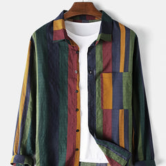 Men's Casual Cotton Linen Striped Shirts, Long Sleeves, Beach Holiday