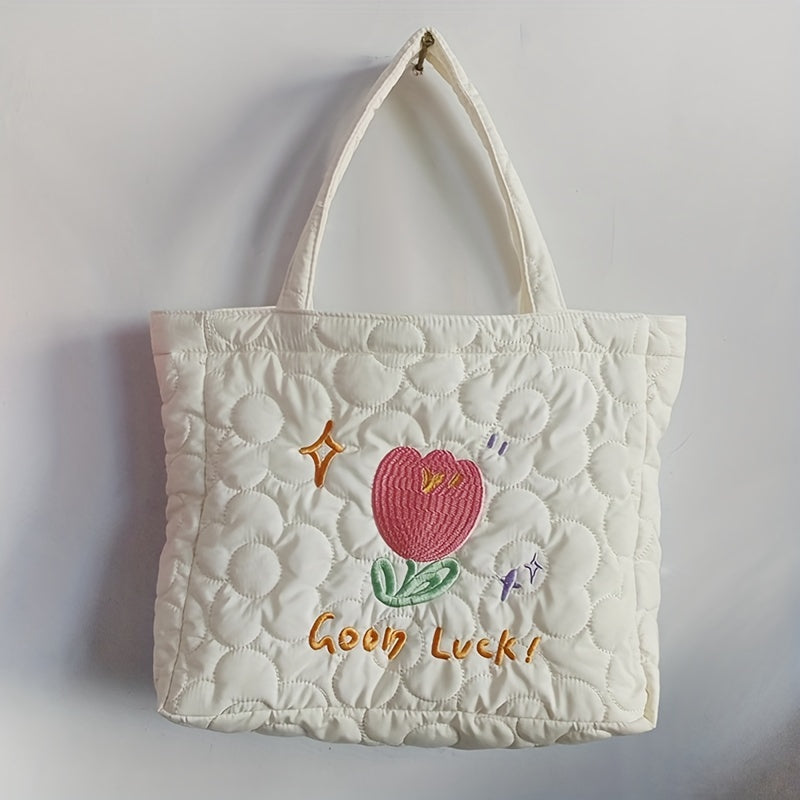 Quilted Embroidered Hand Tote Bag Canvas Shopping Bag