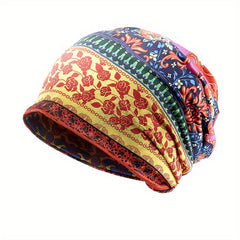 Boho Floral Print Beanie Vintage Lightweight Skull Cap Women Men