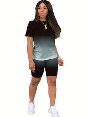 Gradient Casual 2pc Set Crew Neck Tee & Slim Shorts Outfits Women's Clothing
