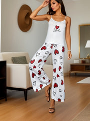 Heart Print Pajama Set Crew Neck Cami Top & Elastic Waistband Pants