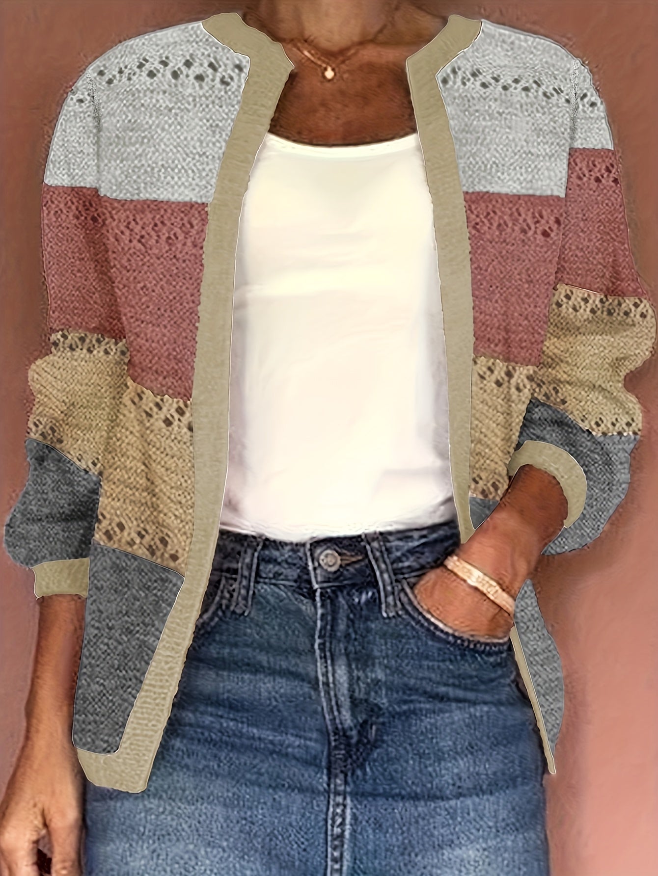 Eyelet Knit Cardigan Open Front Long Sleeve Sweater