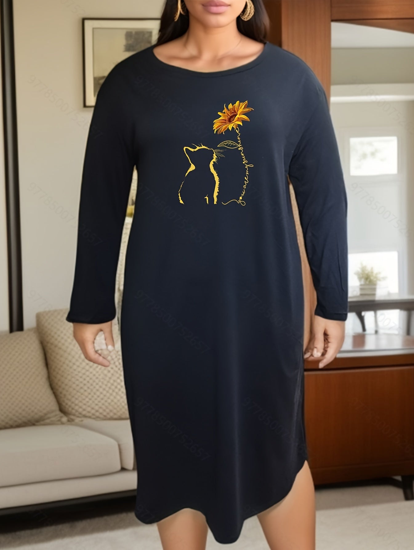 Cat & Sunflower Print Long Sleeve Casual Lounge Dress