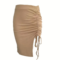 Ruched Drawstring Side Split Bodycon Skirt for Women