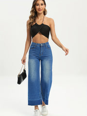 Whiskered Wide Leg Cropped Jeans Women's Denim