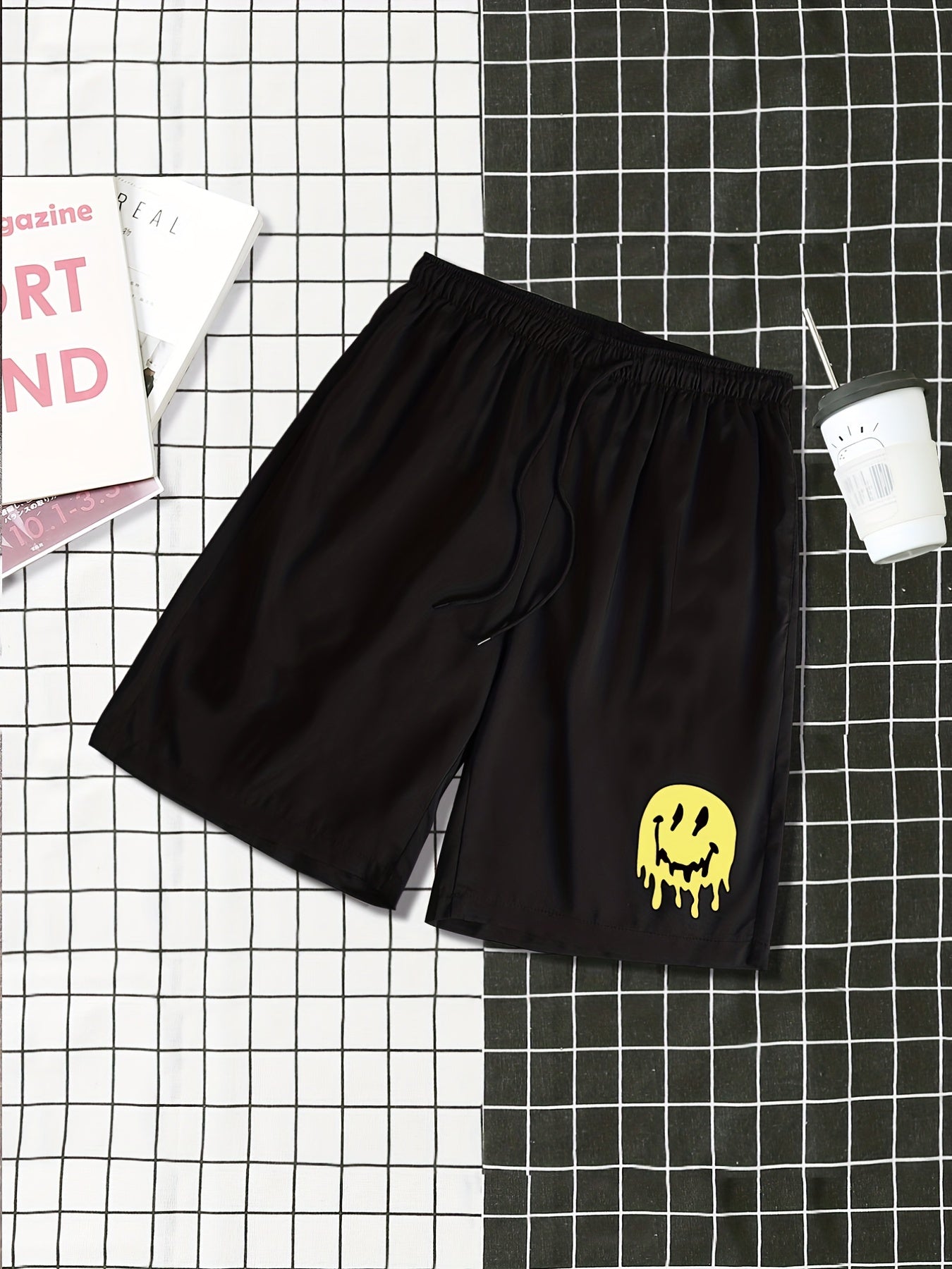 Smile Print Men's Summer Casual Shorts Elastic Waist Drawstring