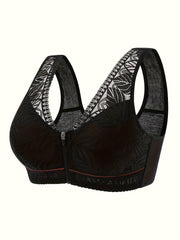3pcs Wireless Push Up Bra Zipper Front Comfy Lace Contrast Bras