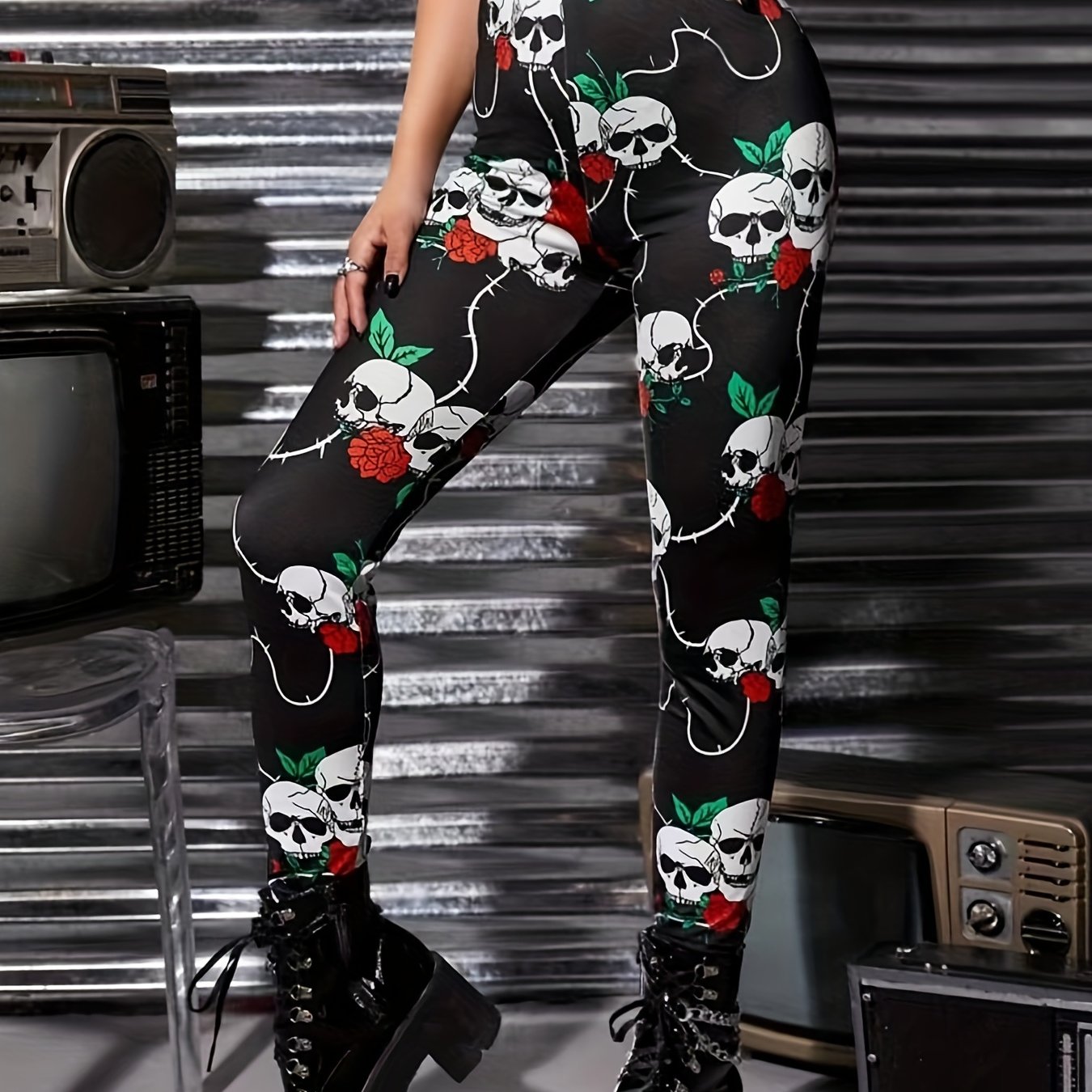Rose & Skull Print High Waist Yoga Pants