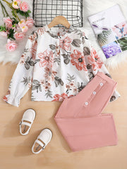 2pcs Girls' Boho Floral Blouse & Button Pants Set