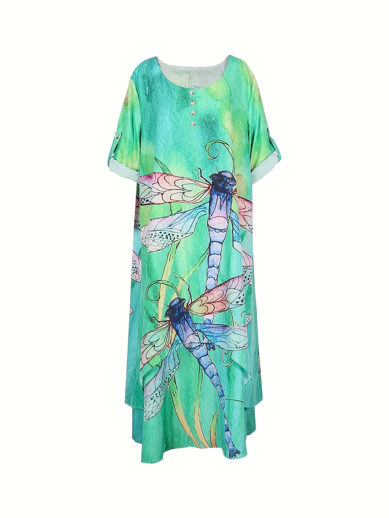 Dragonfly Print Roll Up Sleeve Round Neck Dress