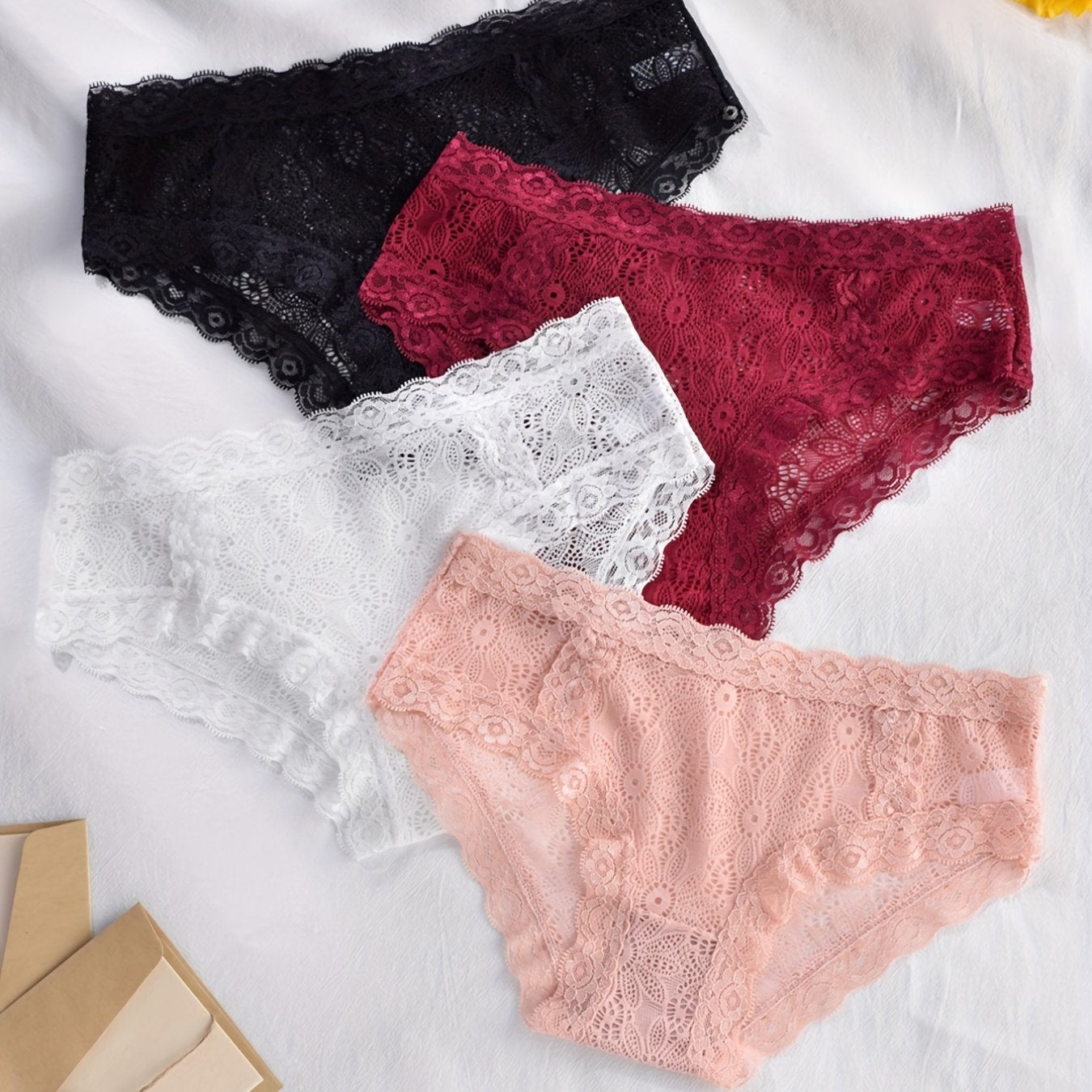 4pcs Floral Lace Briefs Scallop Trim Panties Women's Lingerie