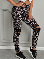 Leopard Print Ripped Skinny Leggings Casual Lace Stitching