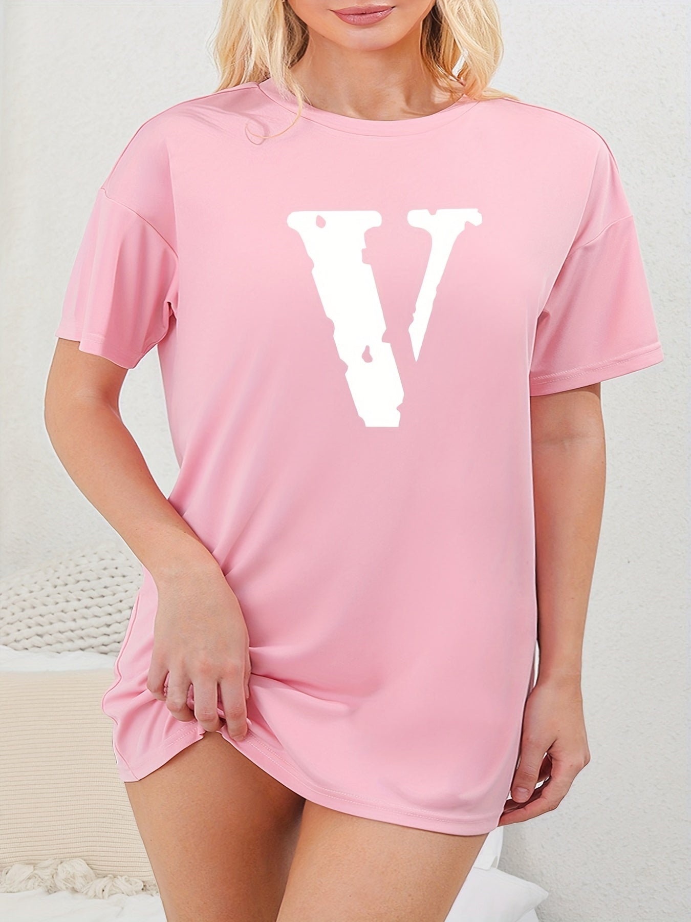 Letter Print Round Neck Tee Nightdress