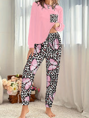 Butterfly Print Lounge Set Long Sleeve Top & Leopard Pants Women's Pajamas