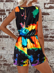 Tie Dye Drawstring Waist Romper Jumpsuit Casual Sleeveless