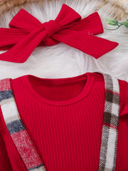 2PCS Toddler Baby Girl Outfit Long Sleeve Tops & Plaid Suspender Dress Set