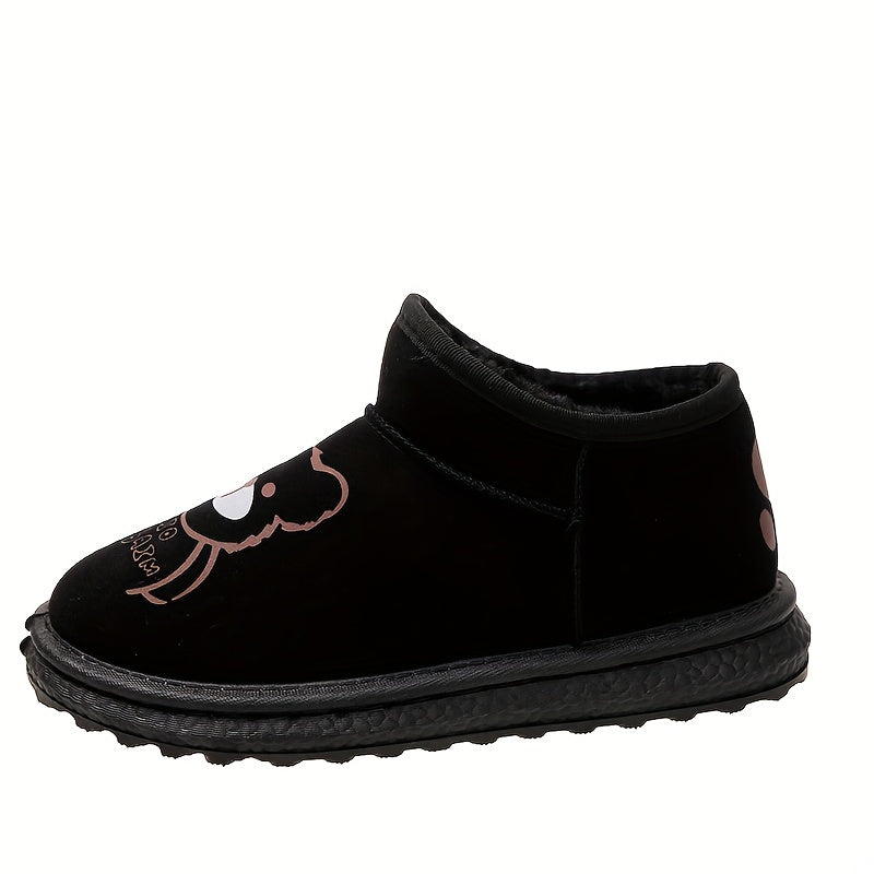 Women's Bear Pattern Plush Thermal Snow Boots Slip-on Flat Walking Shoes