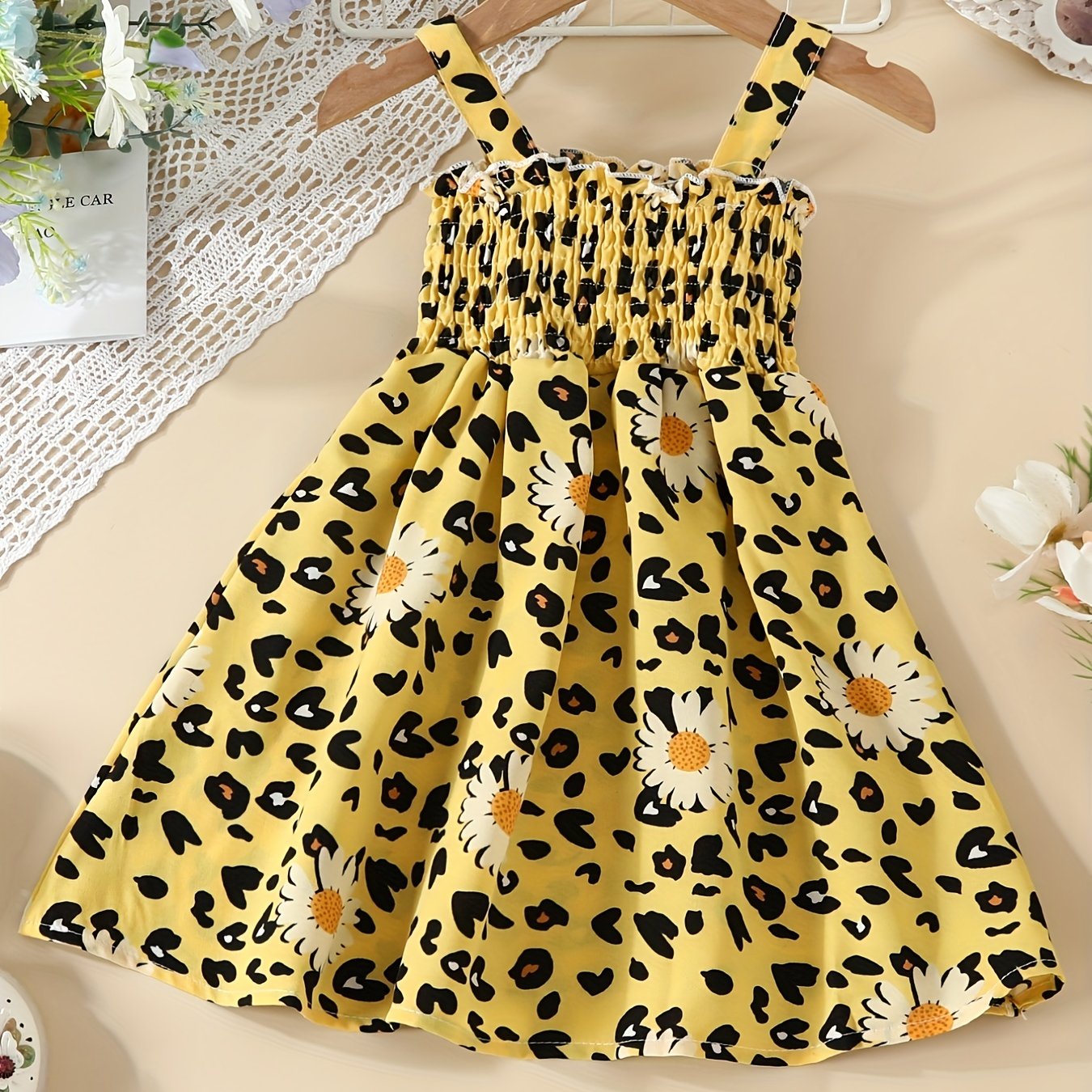 Toddler Girls Leopard Flowers Graphic Frill Trim Cami Dress
