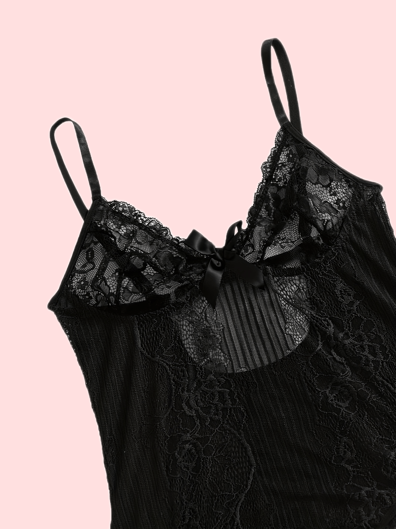 Sexy Lace Teddy with Deep V Mesh and Bow Lingerie